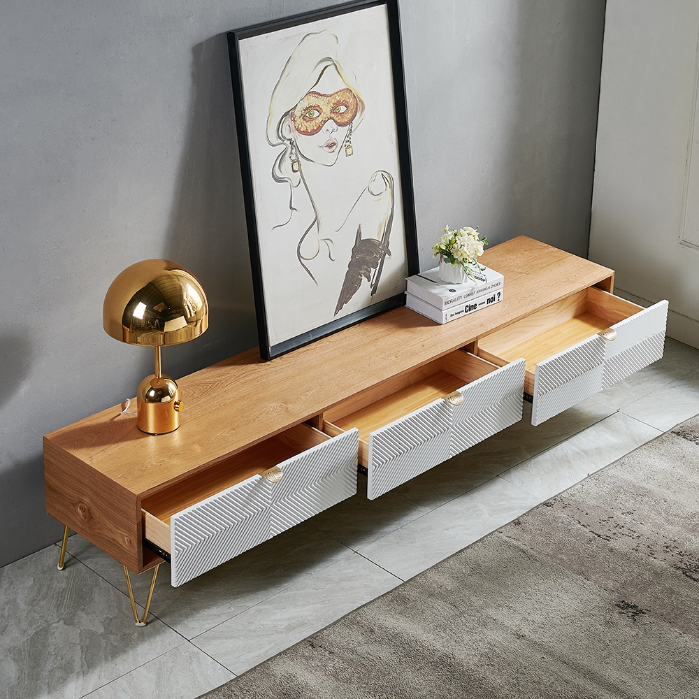 Questions and Answers for 79" Modern Nordic Wood TV Stand Fluted Design White & Gold with 3 Drawers for 85" TV