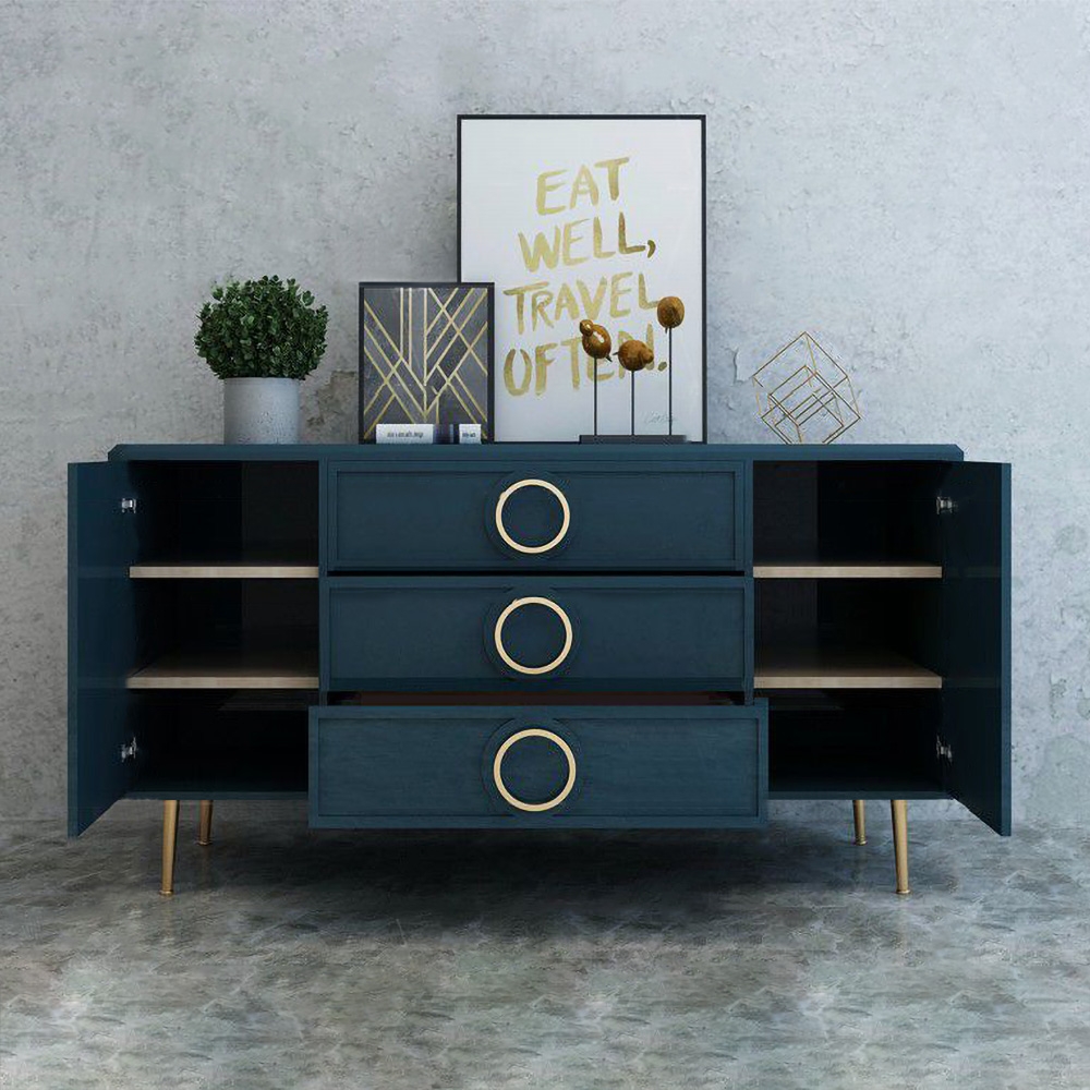 Questions and Answers for Rindix Blue Sideboard Cabinet Gold Credenza Drawers & 2 Doors 47.2'' Mid-Century