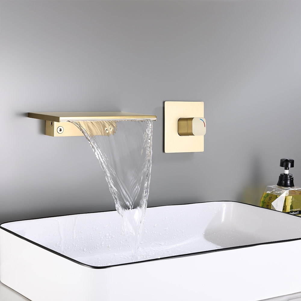 Questions and Answers for Waterfall Wall Mount Bathroom Basin Tap Single Knob Solid Brass Brushed Gold