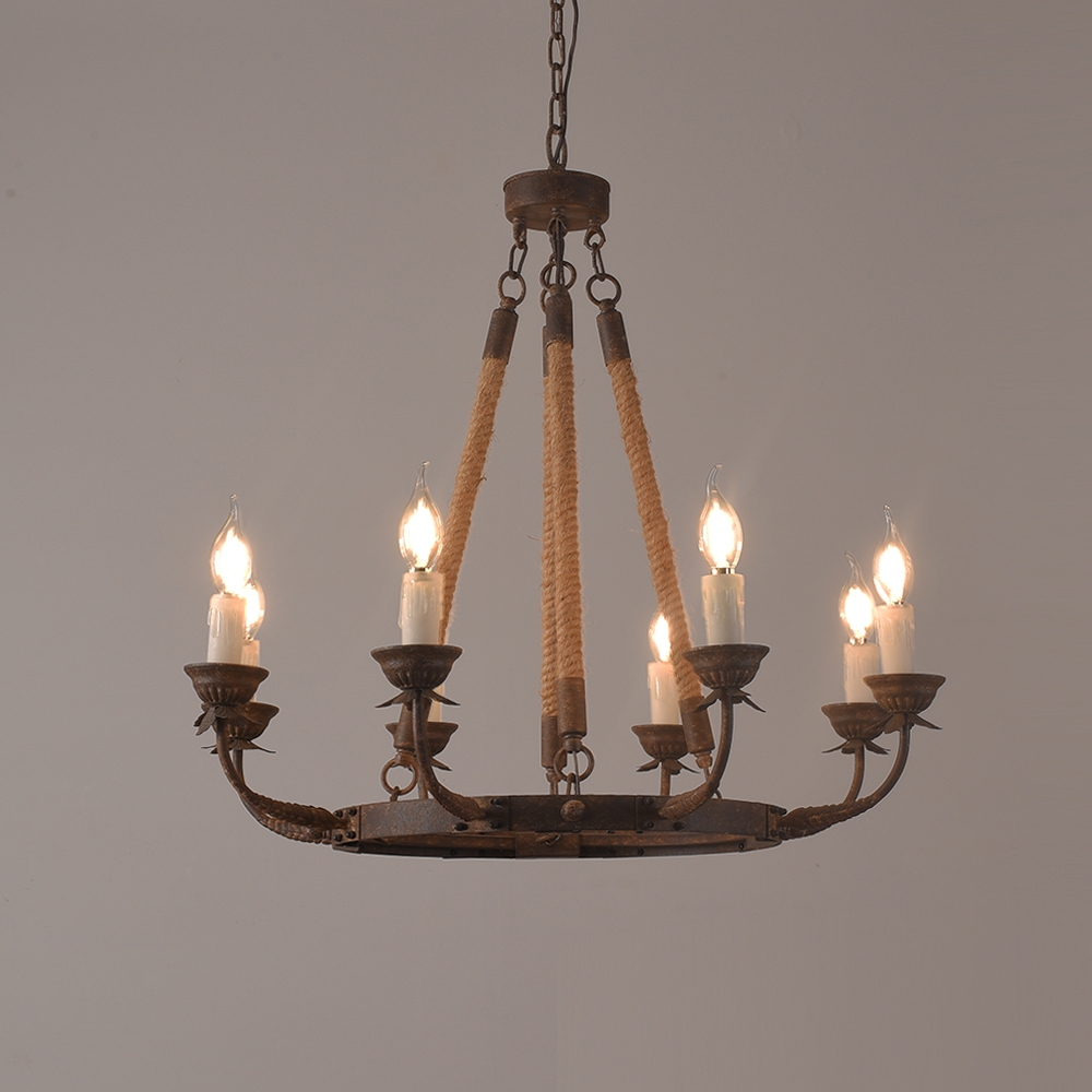 Questions and Answers for Candlely Rustic Iron Flaxen Hemp Rope & Metal 8-Light Round Candelabra Chandelier Rust