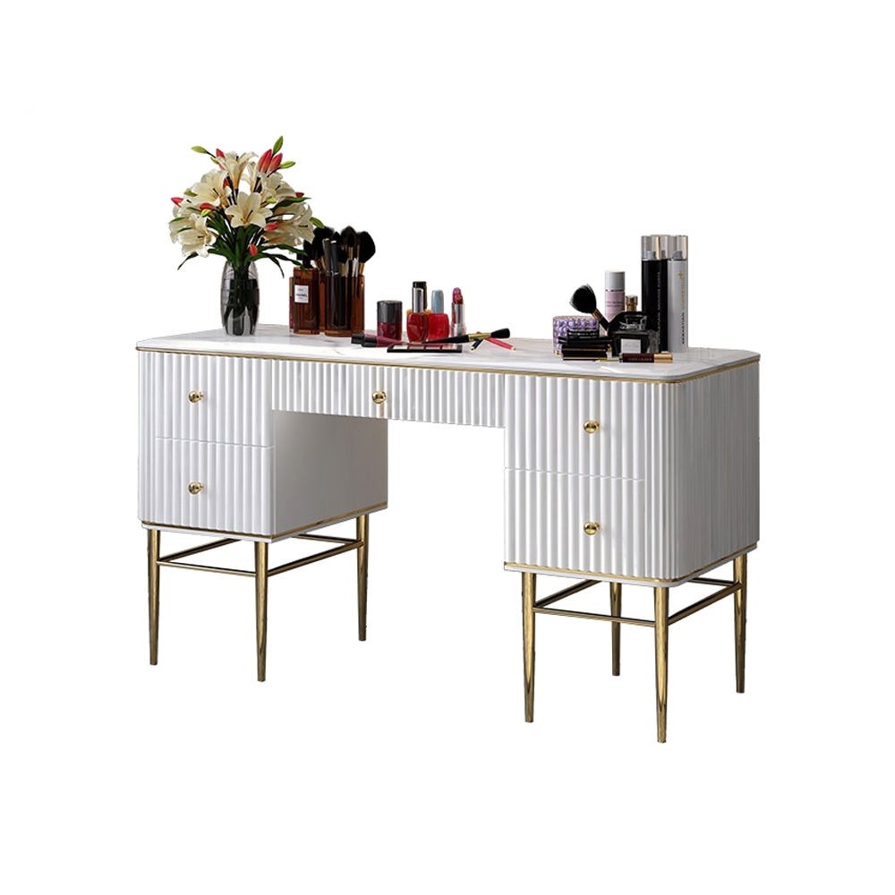 Bline White Makeup Vanity Faux Marble Dressing Table with Drawers Gold Stainless Steel|Homary UK