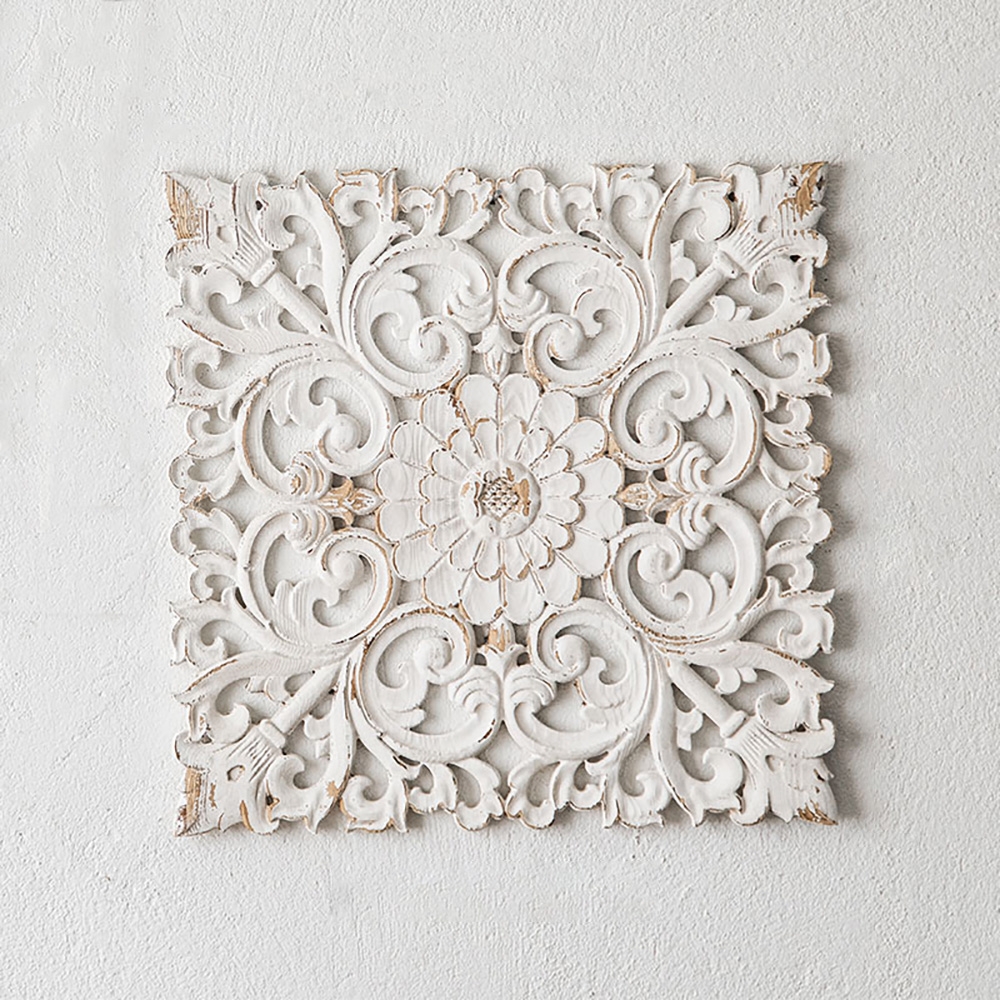 Questions and Answers for 560mm French Country Square Wood Wall Decor Distressed White Carved Flower