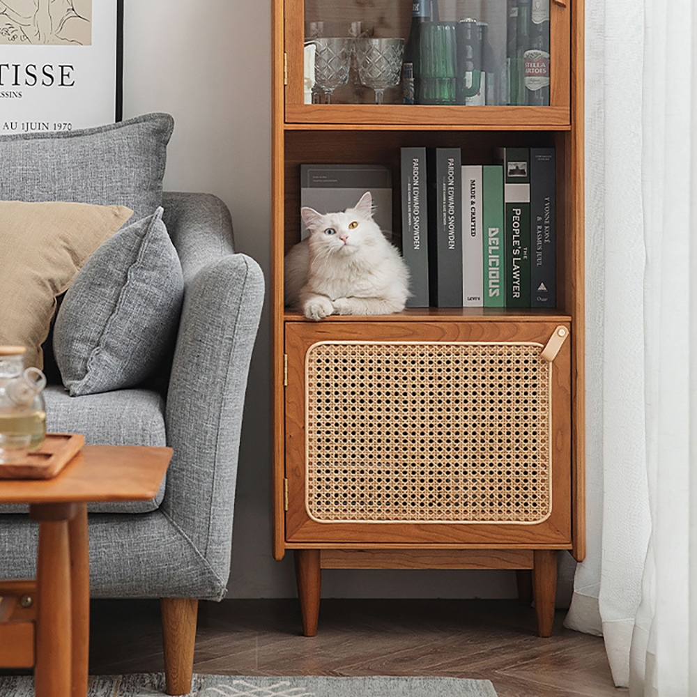 Vragen en antwoorden voor Nordic Natural kast met 2-deurs 1 verstelbare plank rotan geweven 1295 mm hoog