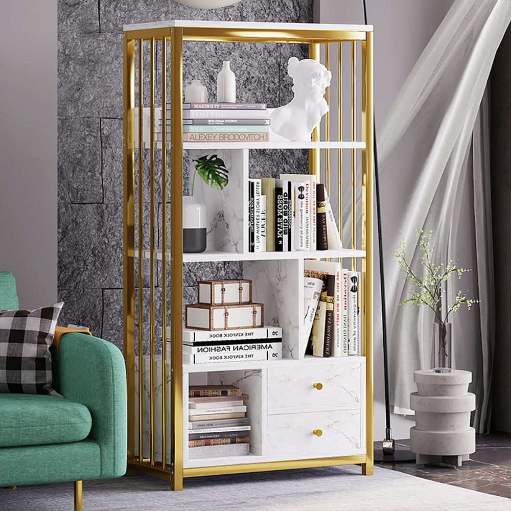 Questions and Answers for Modern White Bookshelf  Wood Book Shelf with 2 Drawers in Gold Metal Frame