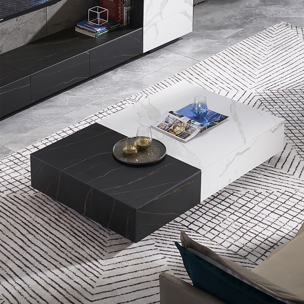 Questions and Answers for Black & White Coffee Table with Storage Rectangle Sintered Stone Top & Wood Drawers