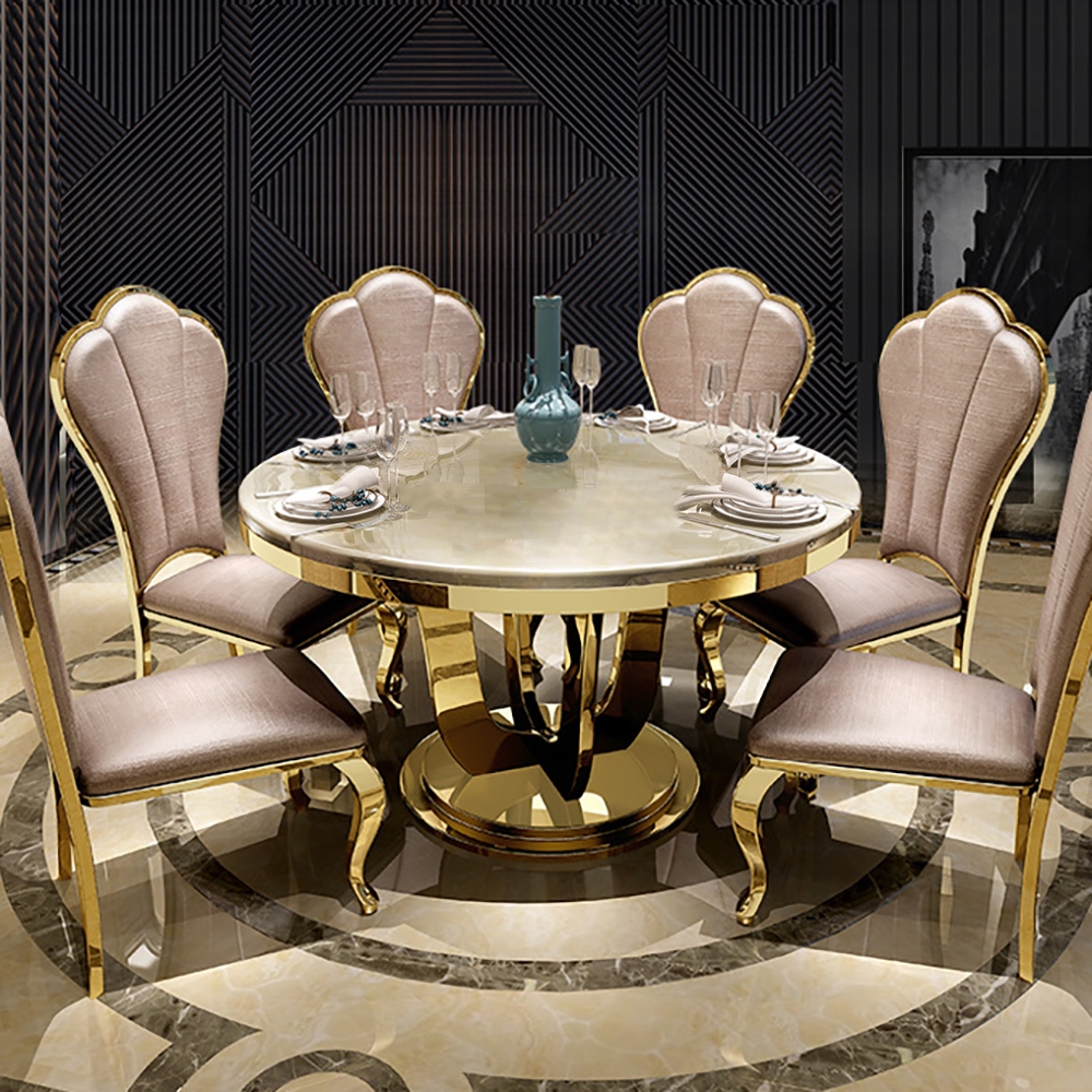 Avis Clients sur Table de salle à manger ronde moderne en faux marbre de 1200 mm avec base en acier inoxydable beige