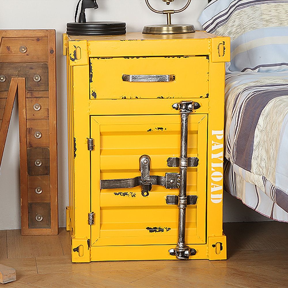 Preguntas y Respuestas para Mesita de noche industrial amarilla, armario de almacenamiento con puerta y cajón
