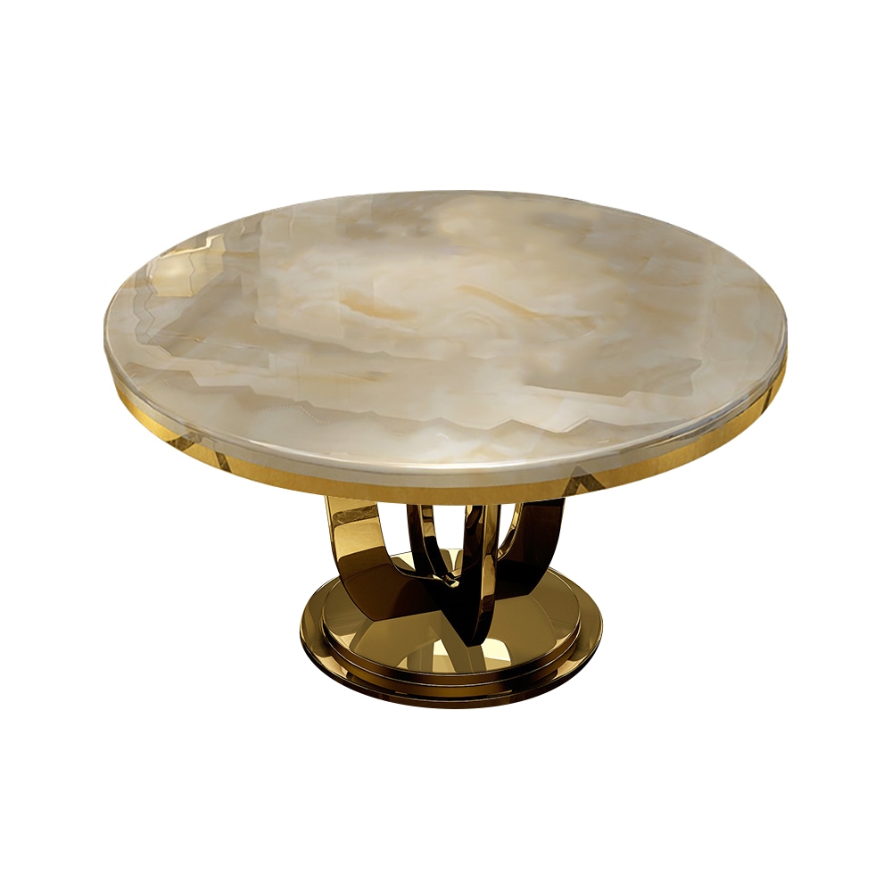 Avis Clients sur Table de salle à manger ronde moderne en faux marbre de 1200 mm avec base en acier inoxydable beige