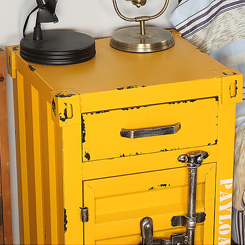 Preguntas y Respuestas para Mesita de noche industrial amarilla, armario de almacenamiento con puerta y cajón