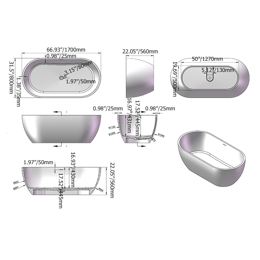 Avaliações de clientes sobre Pedra de banheira de imersão independente com dreno central e transbordamento em cinza profundo