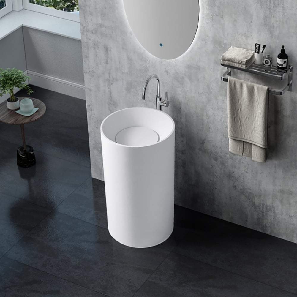 Questions and Answers for 33" Tall White Stone Resin Cylindrical Pedestal Bathroom Sink Hand Wash Sink