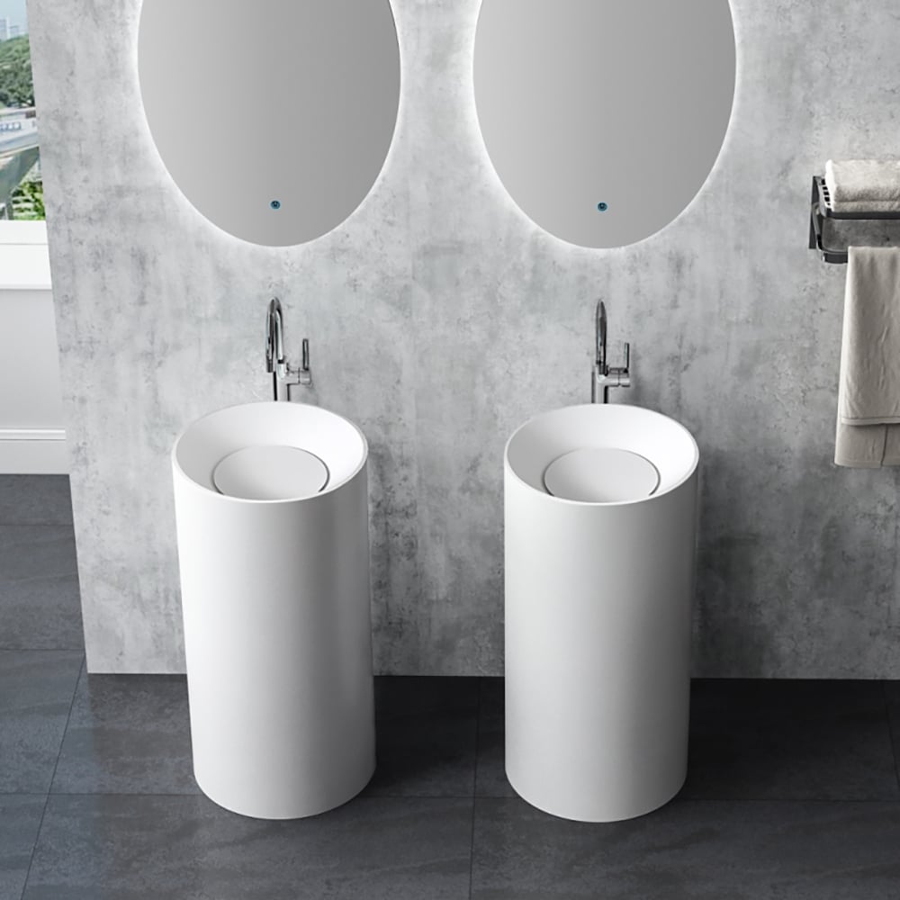 Questions and Answers for 33" Tall White Stone Resin Cylindrical Pedestal Bathroom Sink Hand Wash Sink