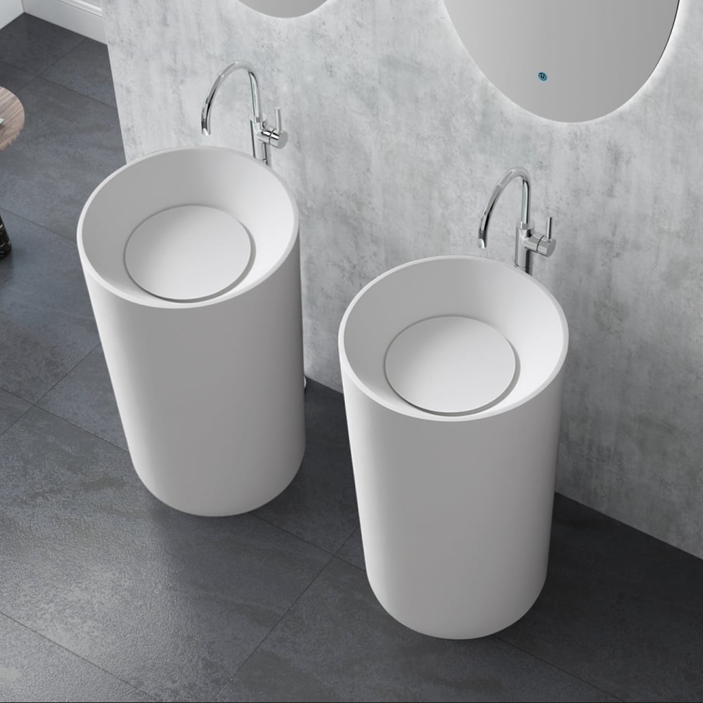 Questions and Answers for 33" Tall White Stone Resin Cylindrical Pedestal Bathroom Sink Hand Wash Sink
