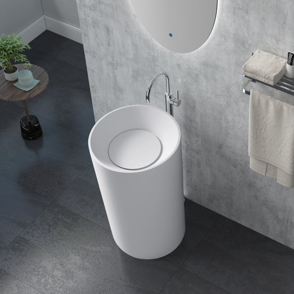 Questions and Answers for 33" Tall White Stone Resin Cylindrical Pedestal Bathroom Sink Hand Wash Sink