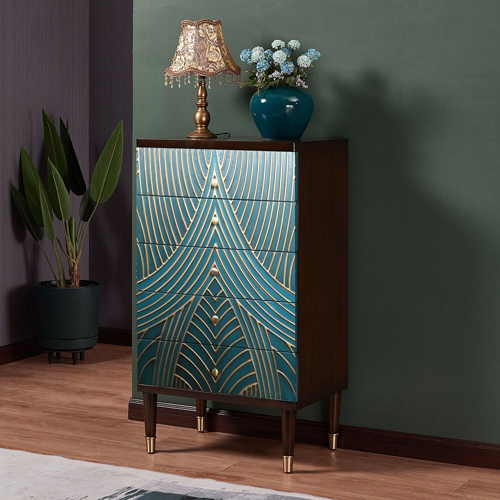Questions and Answers for Novel Blue Cabinet Gold-Painted 5-Drawer Chest in Large