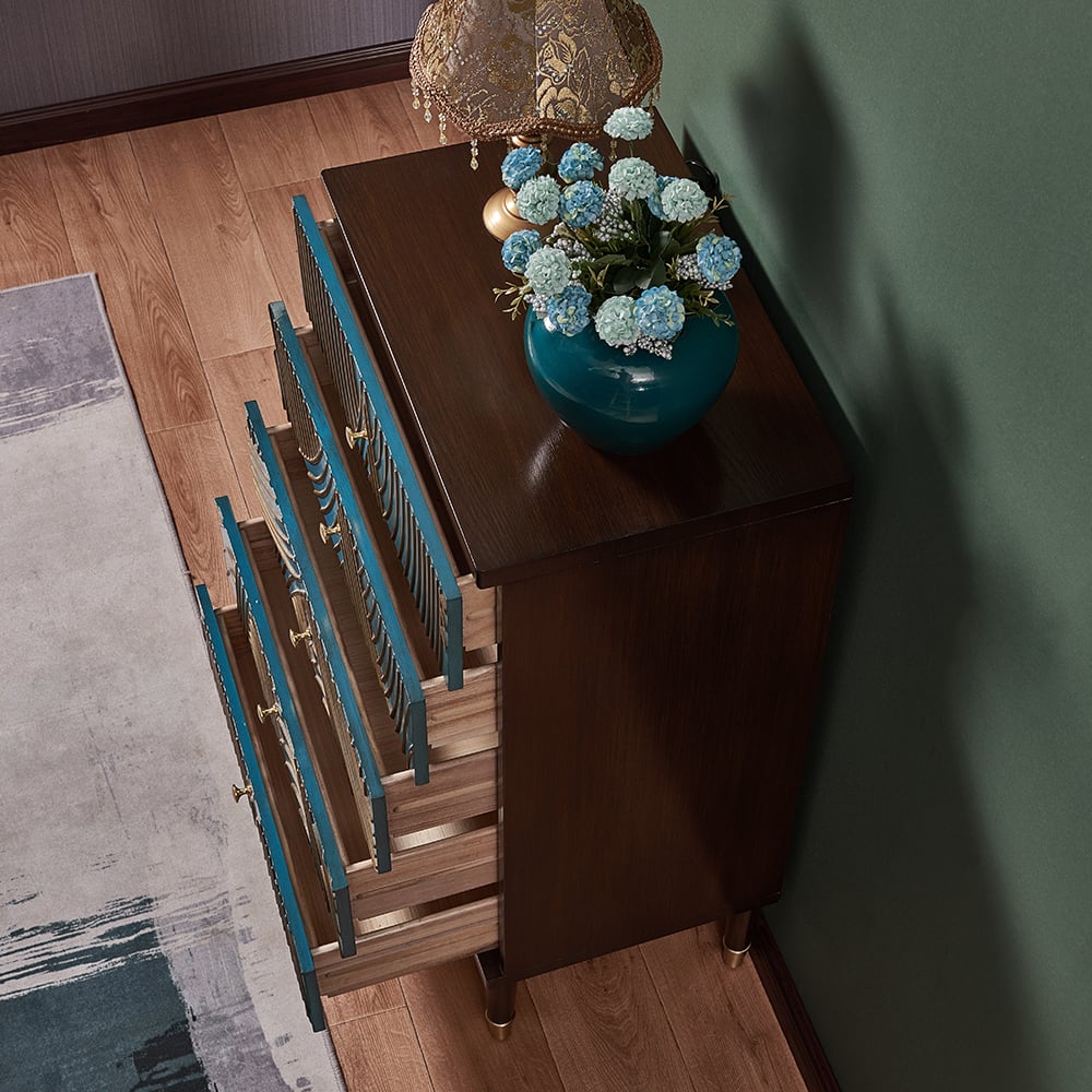 Questions and Answers for Novel Blue Cabinet Gold-Painted 5-Drawer Chest in Large