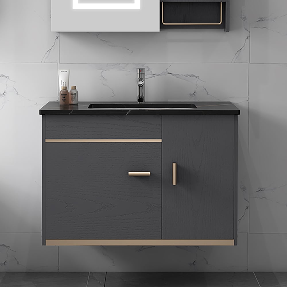 Questions et Réponses pour Ensemble de vanité de salle de bain en bois flottant de 24 po avec dessus en pierre noire et évier en céramique