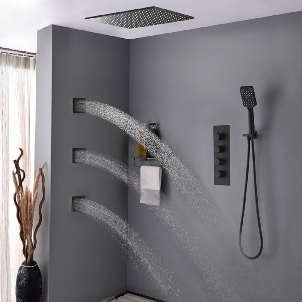 Questions and Answers for 20'' Thermostatic Black Shower System with Hand Shower and 3 Body Jets