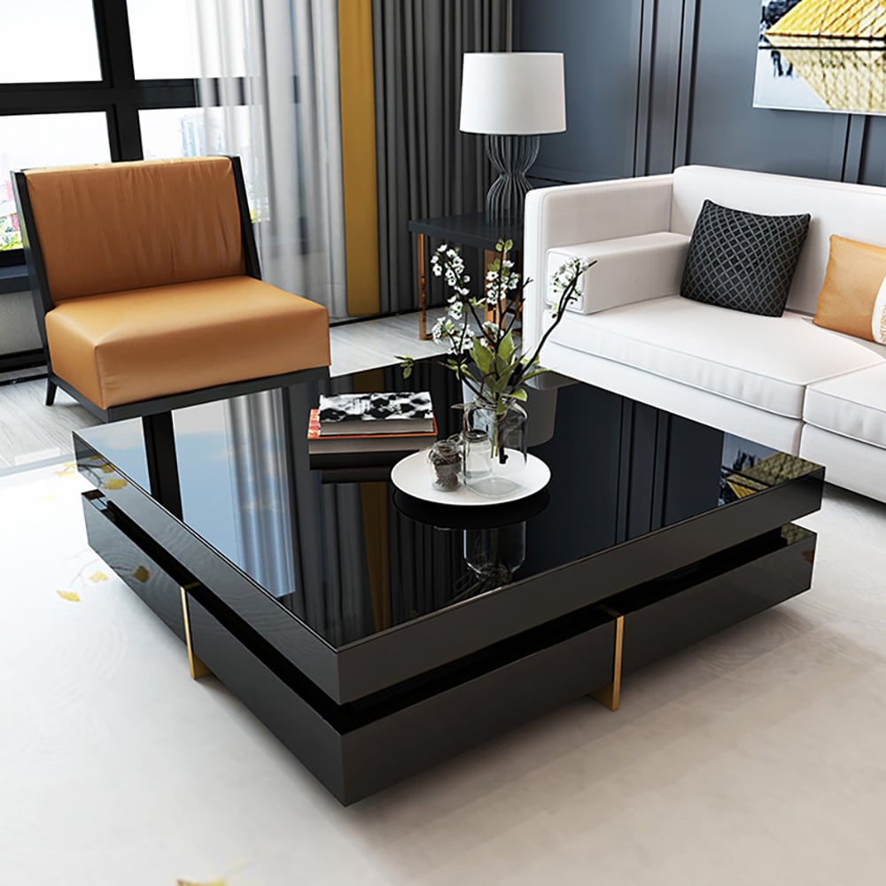 Customer Reviews for Black Modern Square Coffee Table with Drawers Tempered Glass Top & Metal Legs