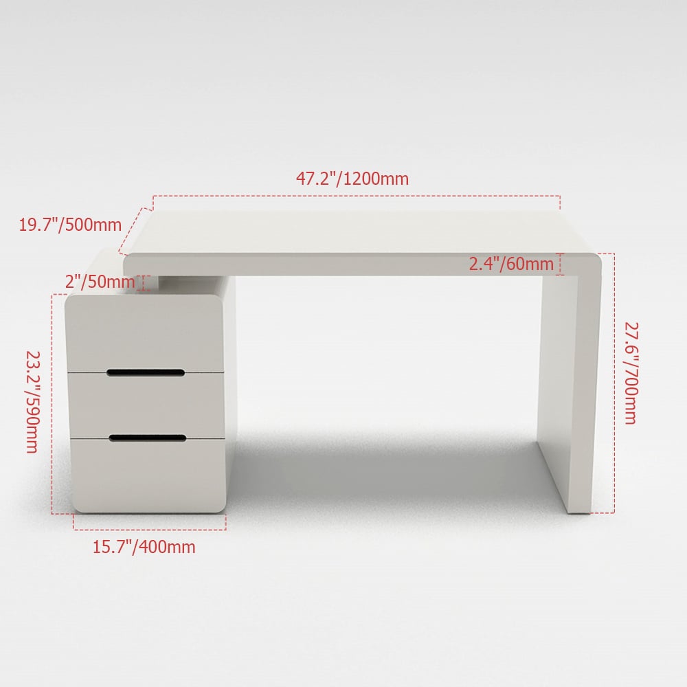Mular White 3-Drawer Writing Desk with 3 Drawers Office Furniture (47.2"） weights dimensions image