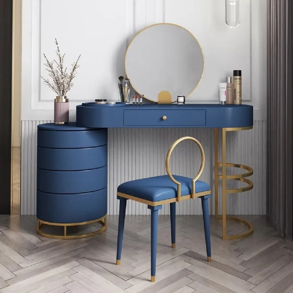 Customer Reviews for Blue Makeup Vanity Set with Side Cabinet Extendable Dressing Table Mirror & Chair