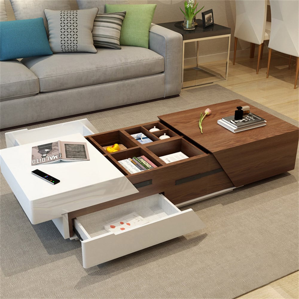 Questions and Answers for Pinkle 2085mm Modern Wood Extendable Sliding Top Coffee Table with Storage White & Waln