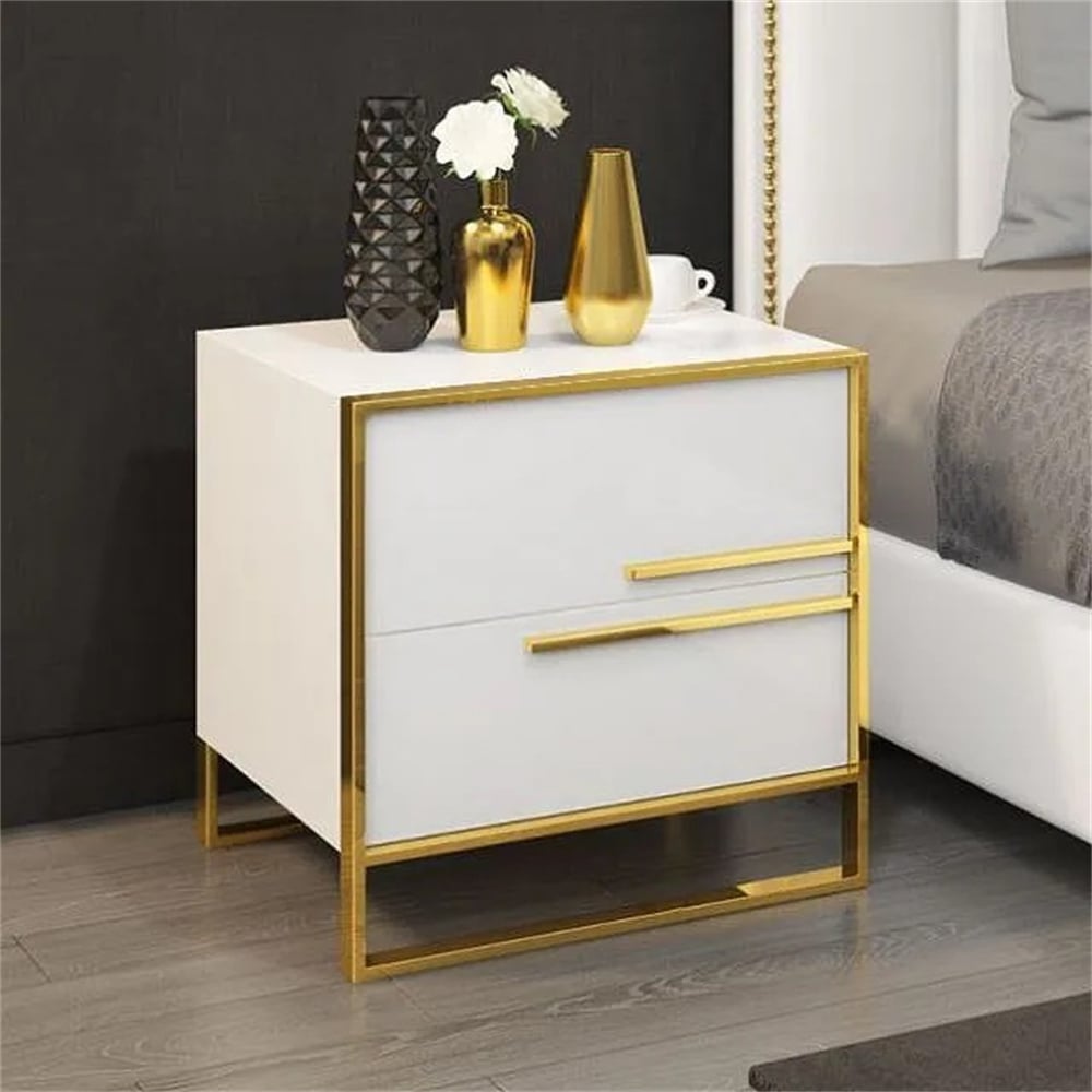 Nightstand 2 Drawers  Gold Base & King Size Upholstered Bed Frame with Tufted Headboard window image