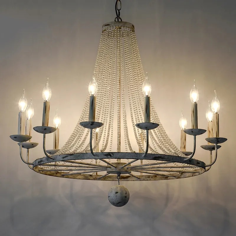 Questions and Answers for Pena French Country Candle-Shaped 12-Light Crystal Bead Strands Metal Wheel Chandelier