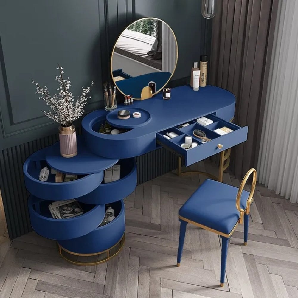 Customer Reviews for Blue Makeup Vanity Set with Side Cabinet Extendable Dressing Table Mirror & Chair