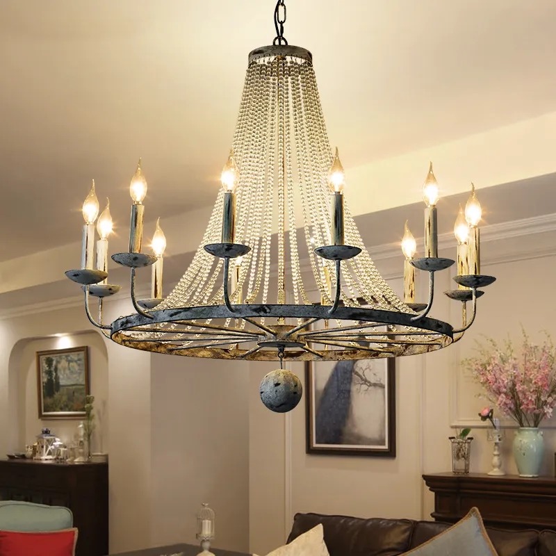 Questions and Answers for Pena French Country Candle-Shaped 12-Light Crystal Bead Strands Metal Wheel Chandelier