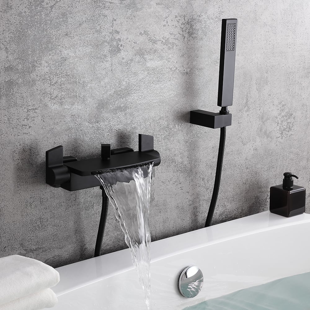 Avis Clients sur Robinet de remplissage de baignoire mural à 2 poignées en forme de cascade, noir mat, avec douchette