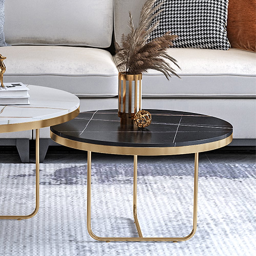 Questions and Answers for Modern Nesting Coffee Table Set 2-Piece Black and White Sintered Stone Top Gold Base