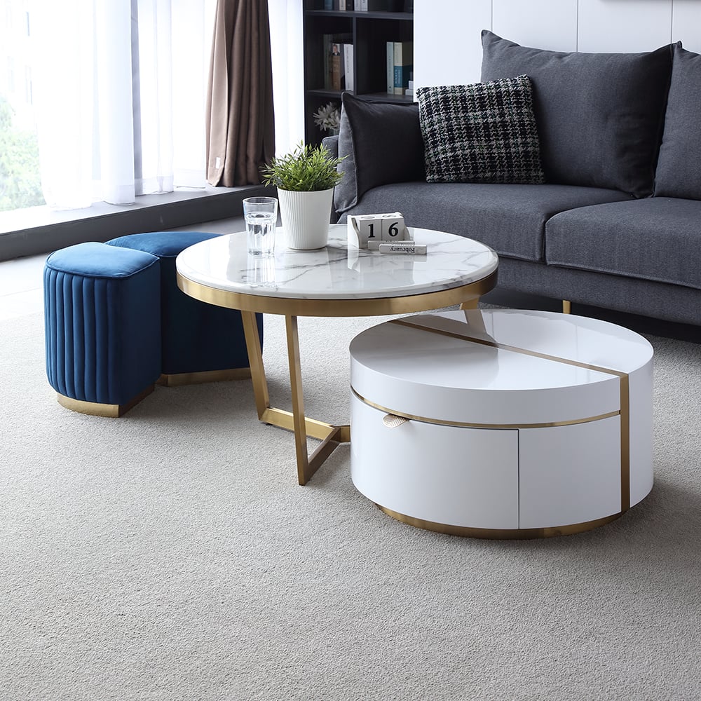 Questions et Réponses pour Table basse ronde ronde avec dessus en faux marbre blanc avec 1 tiroir et 2 tabourets