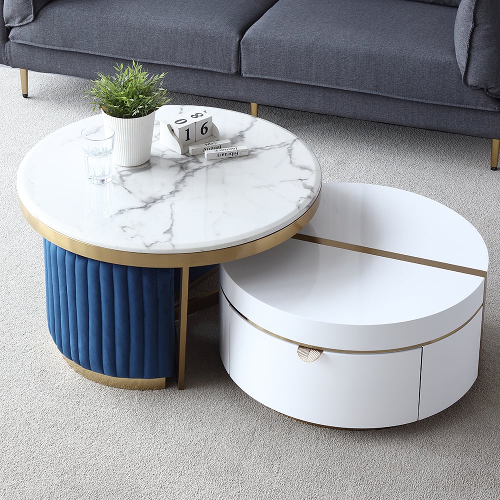 Questions et Réponses pour Table basse ronde ronde avec dessus en faux marbre blanc avec 1 tiroir et 2 tabourets