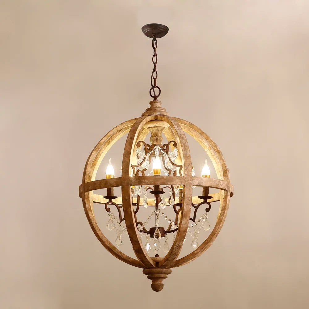 Questions and Answers for Retro Rustic Weathered Wooden Globe Caged Rust Metal Scroll Crystal 5-Light Chandelier