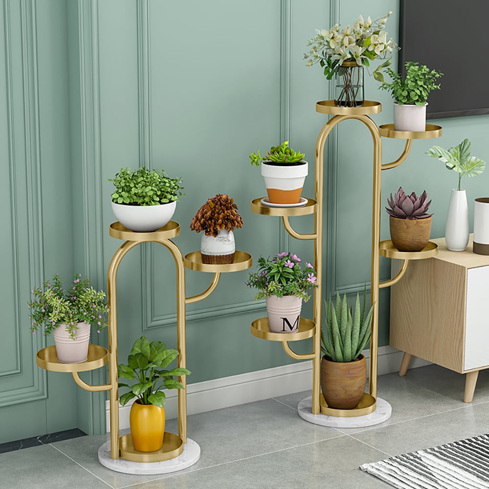 Questions and Answers for 650mm/950mm Modern Tree-Shaped 4/6-Tiered Plant Stand in Gold (Set of 2) for Living Room