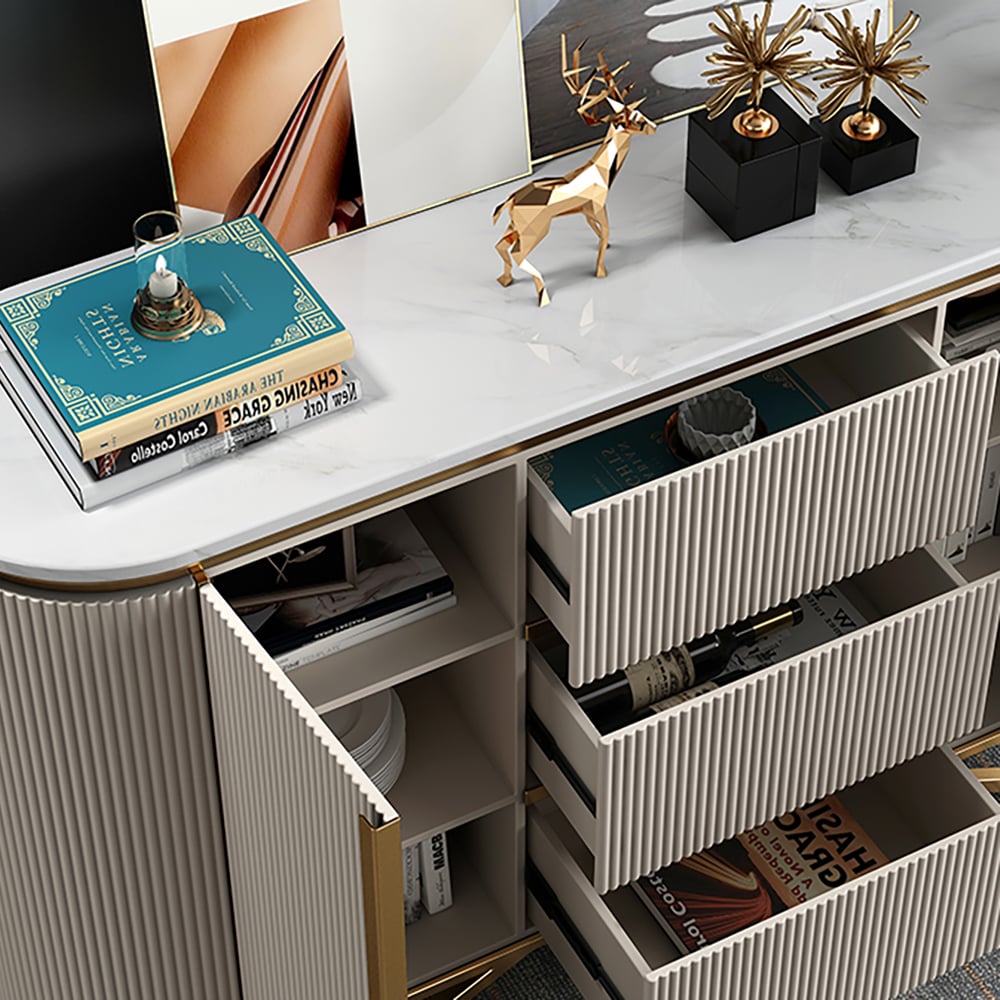 Questions et Réponses pour Buffet moderne en faux marbre gris avec base en acier inoxydable