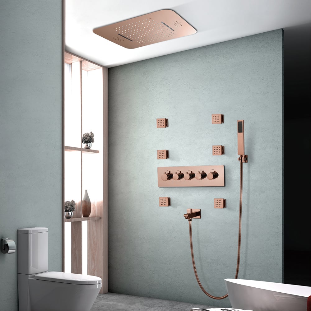 Questions et Réponses pour Ensemble de douche thermostatique mural 580 mm en or rose 4 fonctions