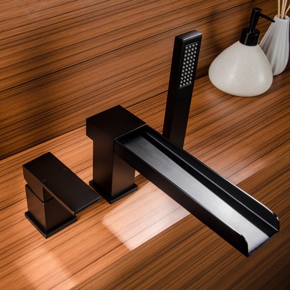 Questions and Answers for MILL 1-Handle Deck-Mount Waterfall Roman Tub Filler Faucet with Handshower Matte Black