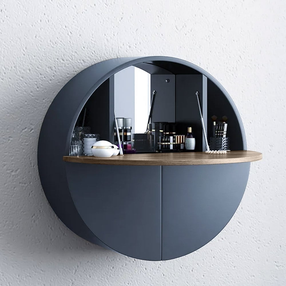 Avis Clients sur Ensemble de coiffeuse de maquillage à montage mural rond gris moderne avec miroir et tabouret inclus