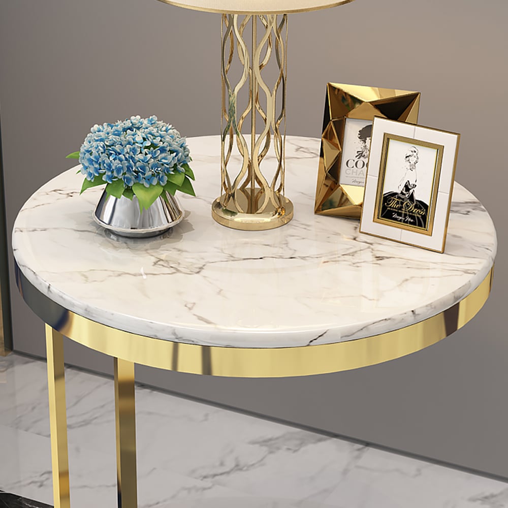 Questions et Réponses pour Table d'appoint ronde en marbre blanc avec cadre en acier inoxydable doré