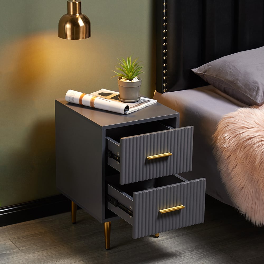 Questions and Answers for Modern Gray Rectangle Nightstand with 2 Drawers and Gold Metal Base