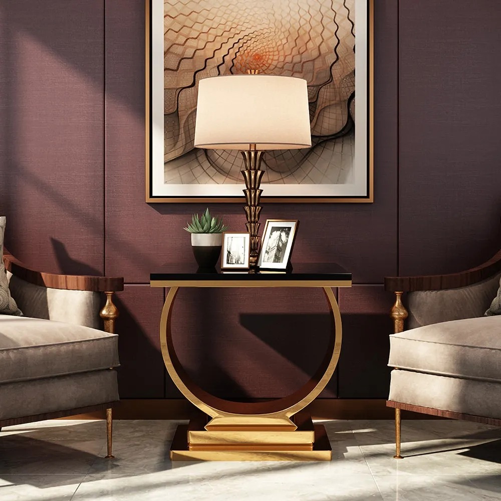 Avis Clients sur Table d'appoint noire postmoderne avec base en acier inoxydable Croissant de lune