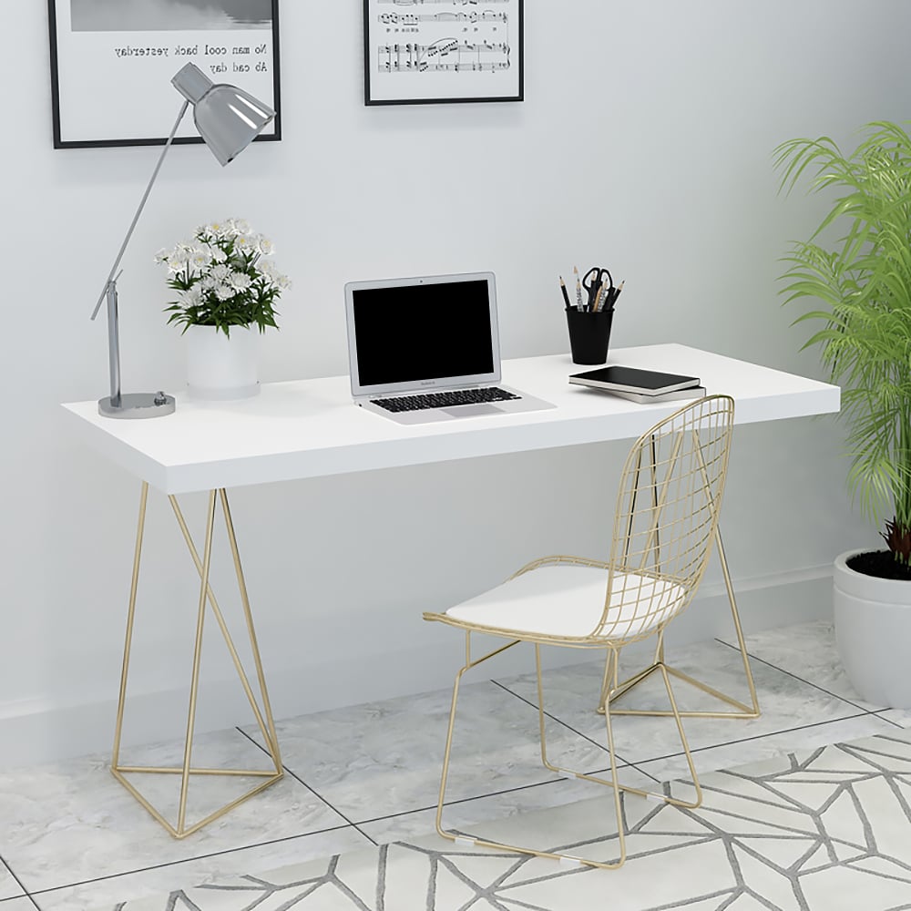 Questions and Answers for 55" White Rectangular Wood-Top Writing Desk for Home Office with 2 Gold Pedestal