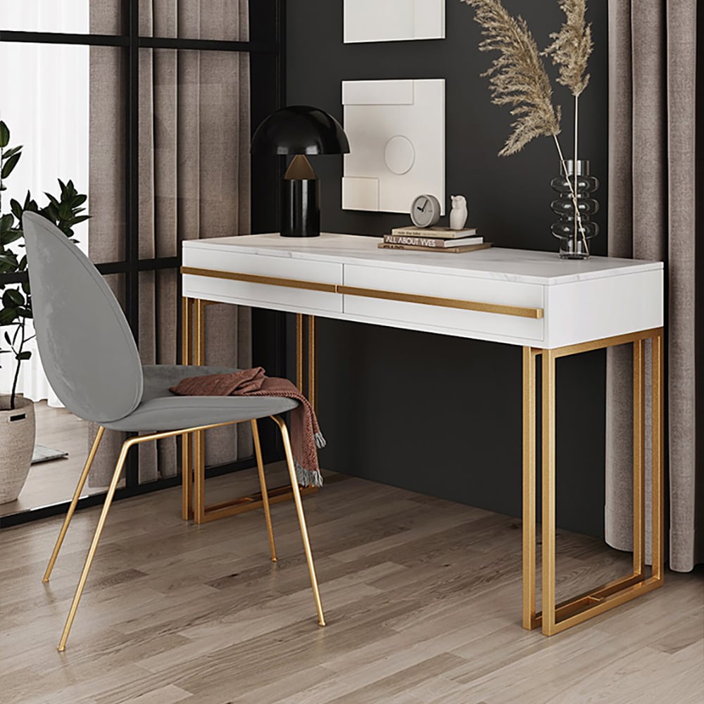 Questions and Answers for 1000mm Rectangular White Office Desk with Drawers Marble Veneer Top Gold Hardware