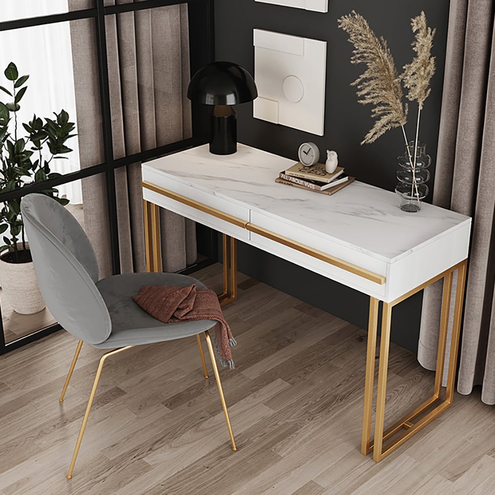Questions and Answers for 1000mm Rectangular White Office Desk with Drawers Marble Veneer Top Gold Hardware