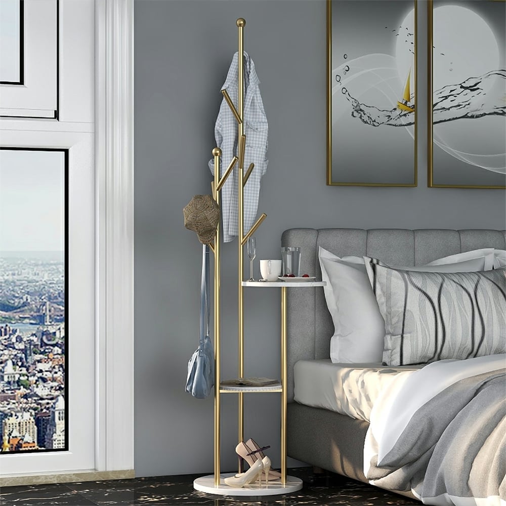 Customer Reviews for Gold Standing Coat Rack with 9 Hooks and 2 Shelves Modern Entryway Clothing Rack