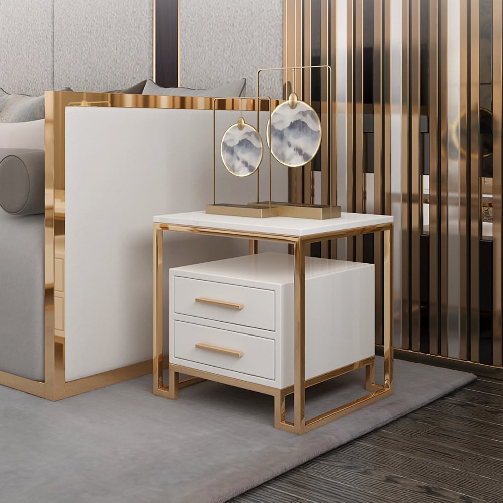 Questions et Réponses pour Table d'appoint blanche avec deux tiroirs en acier inoxydable doré