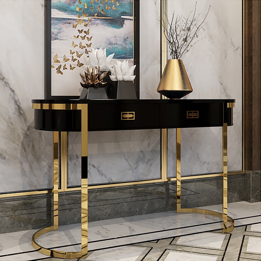 Questions and Answers for 39.4" Black Modern Console Table with Drawers and Double Stainless Steel Sled