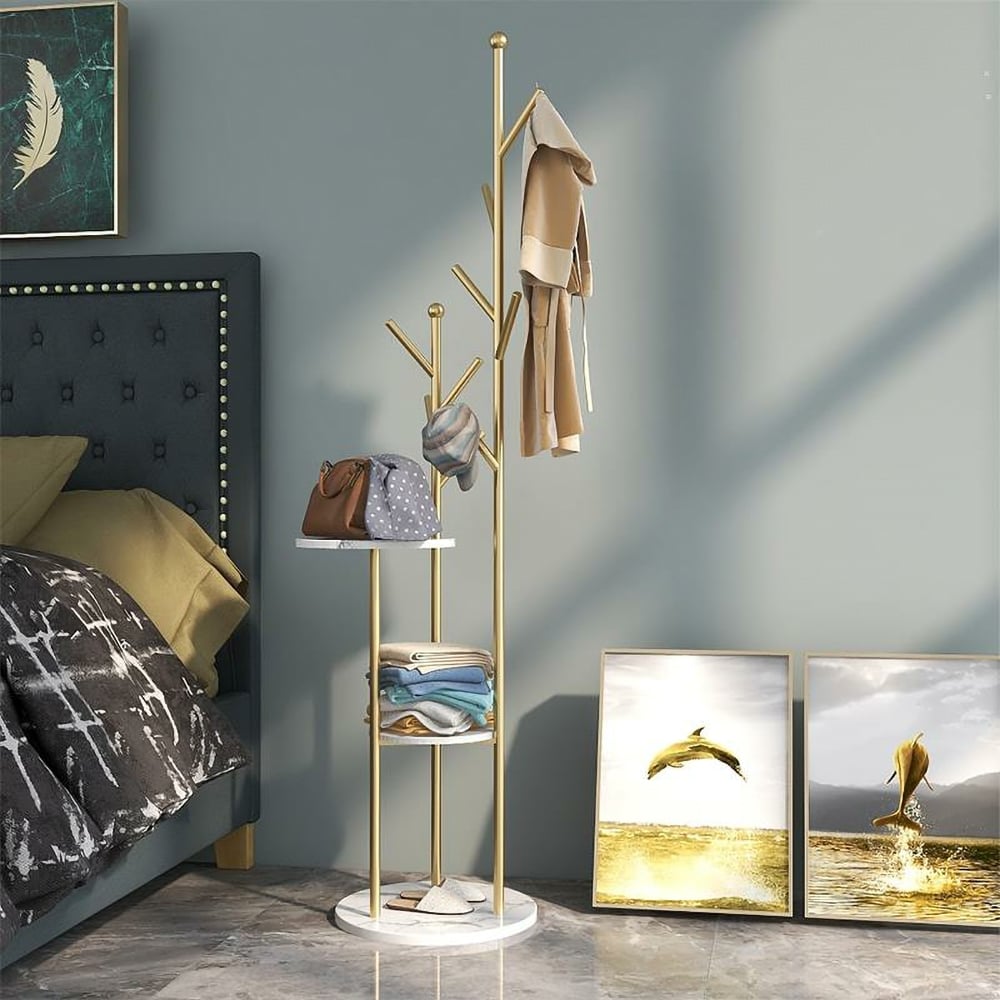 Customer Reviews for Gold Standing Coat Rack with 9 Hooks and 2 Shelves Modern Entryway Clothing Rack